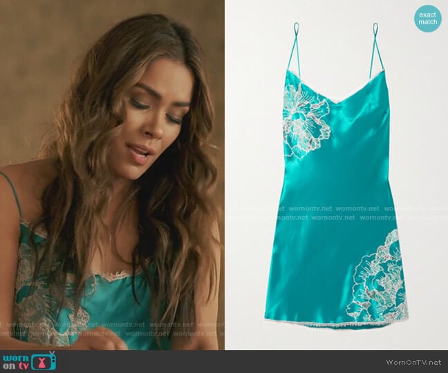 Chantilly Lace-Trimmed Silk-Satin Chemise by Carine Gilson worn by Cristal Jennings (Daniella Alonso) on Dynasty