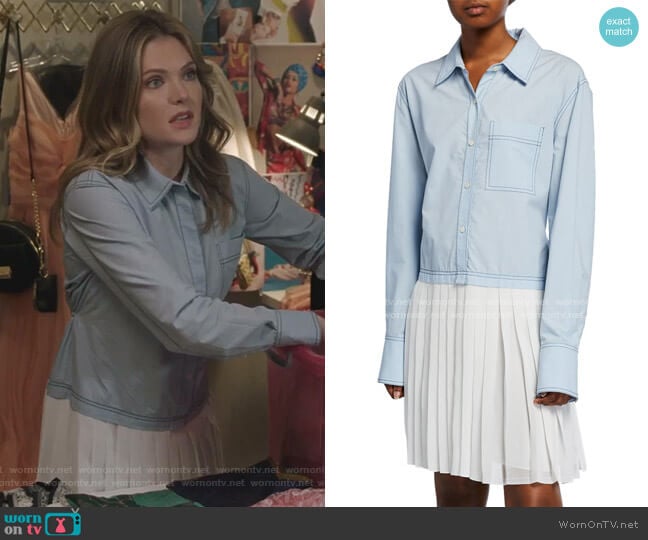 Long-Sleeve Mixed Media Shirtdress with Pleated Hem by Derek Lam 10 Crosby worn by Sutton (Meghann Fahy) on The Bold Type