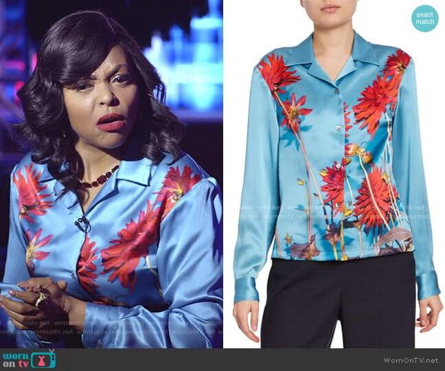 Dahlia Floral-Print Satin Button-Front Blouse by Dries Van Noten worn by Cookie Lyon (Taraji P. Henson) on Empire