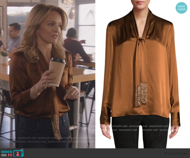 WornOnTV: Laura’s brown silk fringe tie blouse on All American | Monet ...