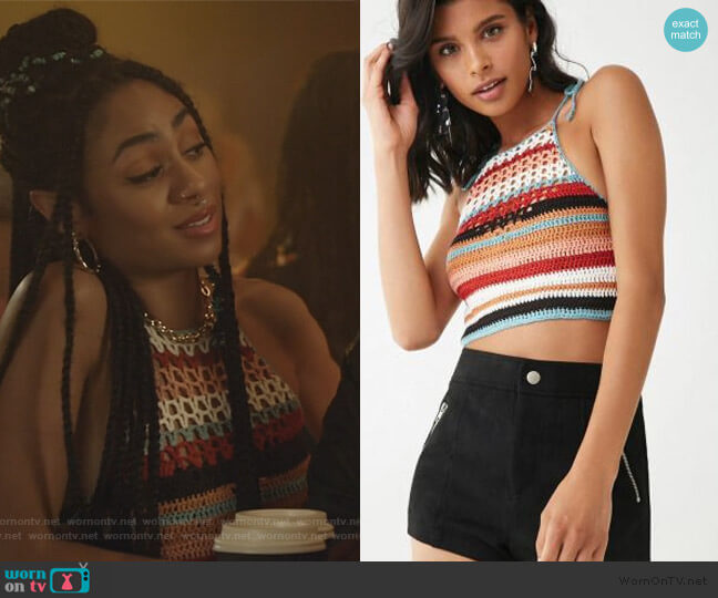 Crochet knit crop top by Forever 21 worn by Patience (Chelsea Tavares) on All American