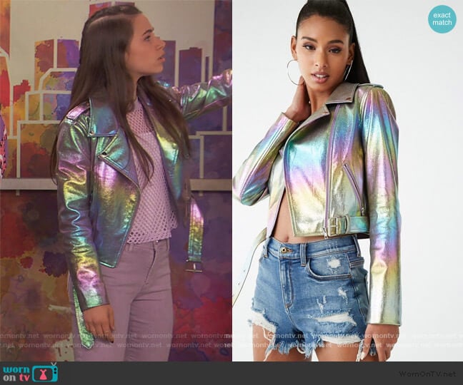 Metallic Moto Jacket by Forever 21 worn by Tess O'Malley (Sky Katz) on Ravens Home