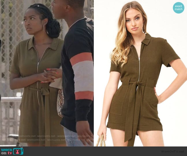 Olive Green Zip Romper by Forever 21 worn by Rochelle Mosley (Kayla Smith) on All American