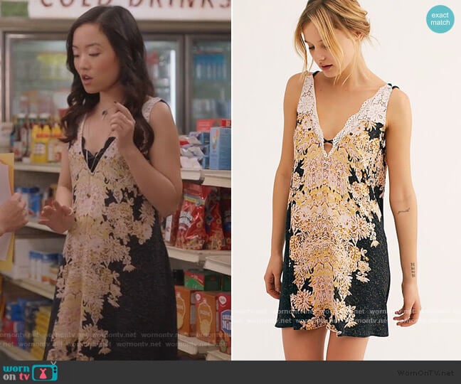 Janet’s black floral slip dress on Kims Convenience