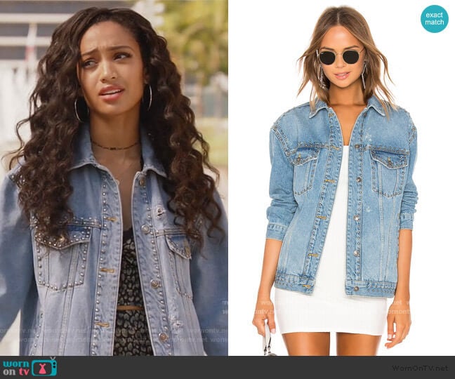 Studded Denim Trucker Jacket by Free People worn by Olivia Baker (Samantha Logan) on All American