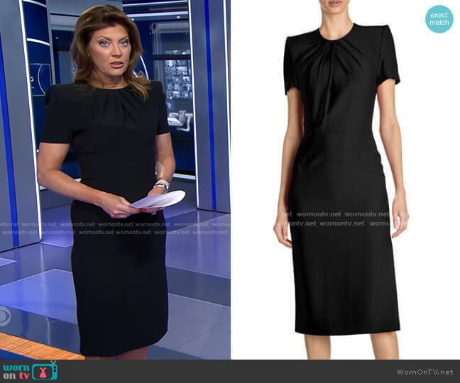 Gathered Silk Midi Dress by Alexander McQueen worn by Norah O'Donnell on CBS Evening News