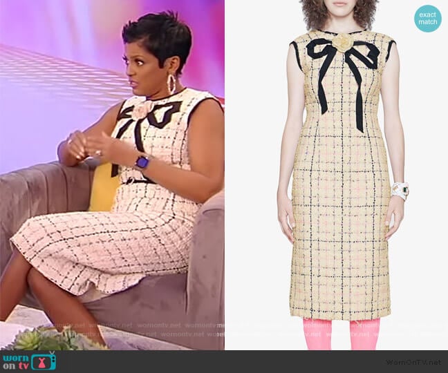 Tweed sheath dress with bow by Gucci worn by Tamron Hall on Tamron Hall Show