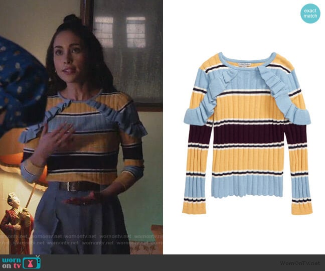 Rylee Ruffle Stripe Sweater by Habitual worn by Isabella (Priscilla Quintana) on Good Trouble