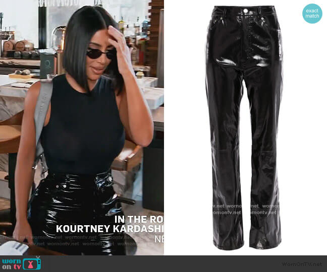 Patent-leather straight-leg pants by Helmut Lang worn by Kim Kardashian  on Keeping Up with the Kardashians