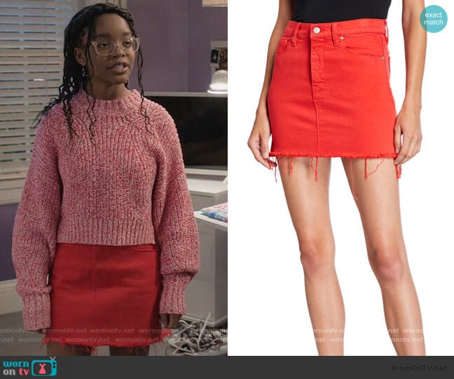 The Viper Camo Frayed Denim Mini Skirt by Hudson worn by Diane Johnson (Marsai Martin) on Black-ish