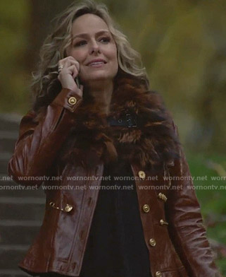 Jacqueline’s brown leather jacket with gold buttons on The Bold Type