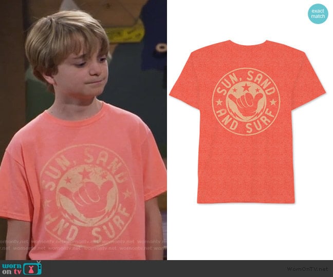 Big Boys Sun Sand Surf T-Shirt by Jem worn by Finn Sawyer (Will Buie Jr) on Bunkd