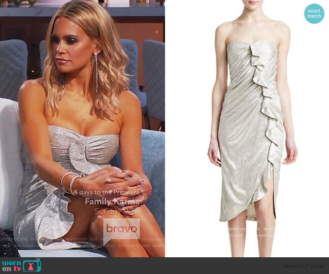 Plisse Lamé Ruffled Bustier Dress by Jonathan Simkhai worn by Jackie Goldschneider on The Real Housewives of New Jersey