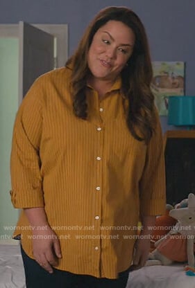 Katie's mustard striped shirt on American Housewife