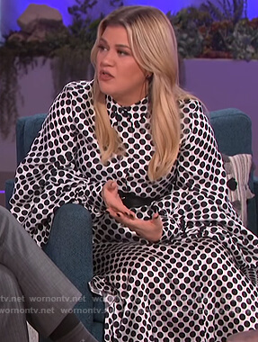 Kelly's white polka dot blouse and skirt on The Kelly Clarkson Show