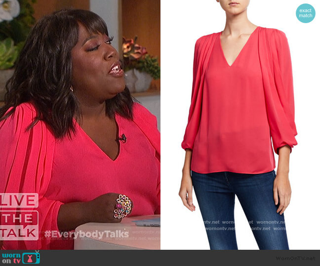 Camryn V-Neck Draped Sleeve Silk Blouse by Kobi Halperin worn by Sheryl Underwood on The Talk