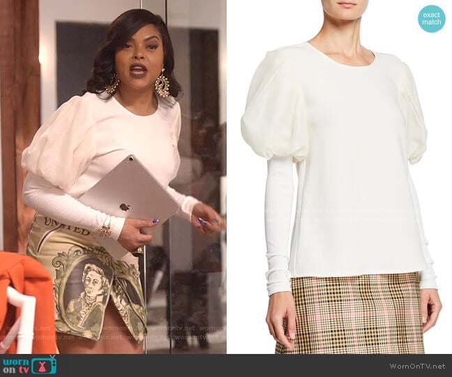 It's A New Day Puffed-Sleeve Gauze Trimmed Crepe Top by Maggie Marilyn worn by Cookie Lyon (Taraji P. Henson) on Empire