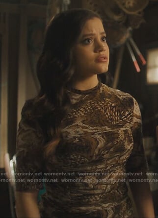 Maggie’s brown snakeskin ruched mini dress on Charmed