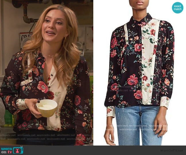 Ciller Patchwork Floral Print Shirt by Maje worn by Chelsea Grayson (Anneliese van der Pol) on Ravens Home