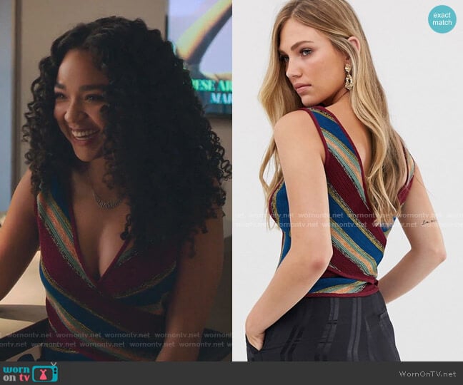 Striped V Neck Top in Multi by Mango worn by Kat Edison (Aisha Dee) on The Bold Type