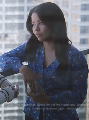 Mariana's blue floral v-neck top on Good Trouble