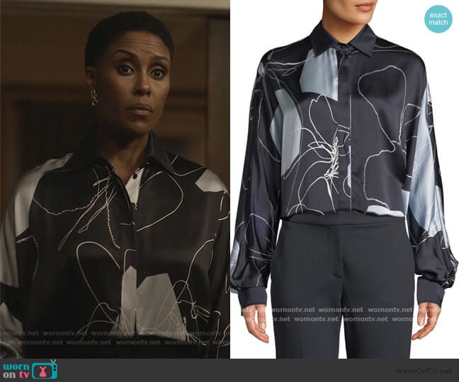 Renna Abstract-Print Silk Button-Front Blouse by Max Mara worn by Lynn Stewart (Christine Adams) on Black Lightning