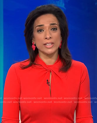 Michelle Miller’s red twisted neckline dress on CBS This Morning