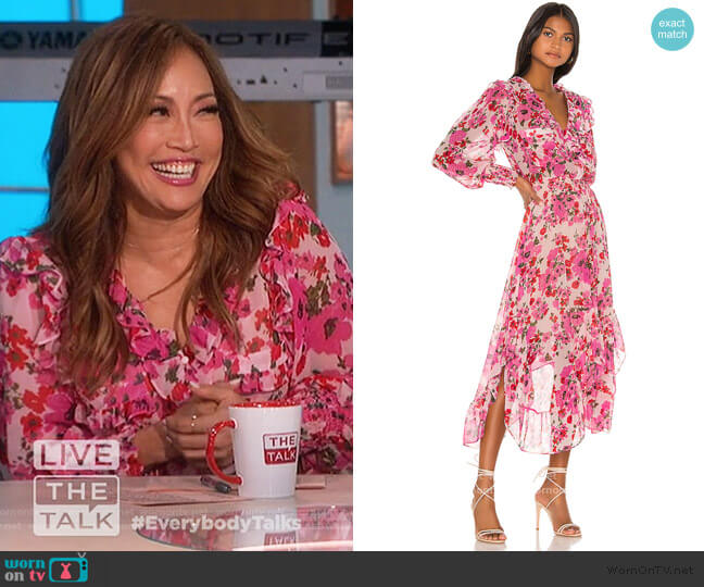 Samantha Ruffle Midi Dress by Misa Los Angeles worn by Carrie Inaba on The Talk