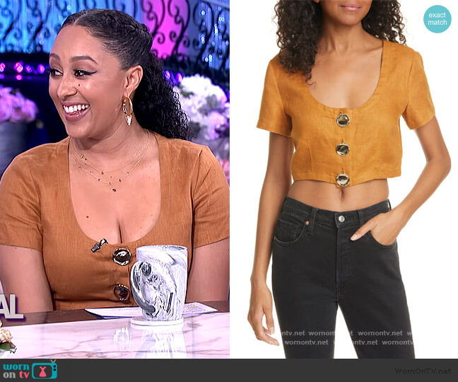 Lou Linen Crop Top by Nicholas worn by Tamera Mowry on The Real