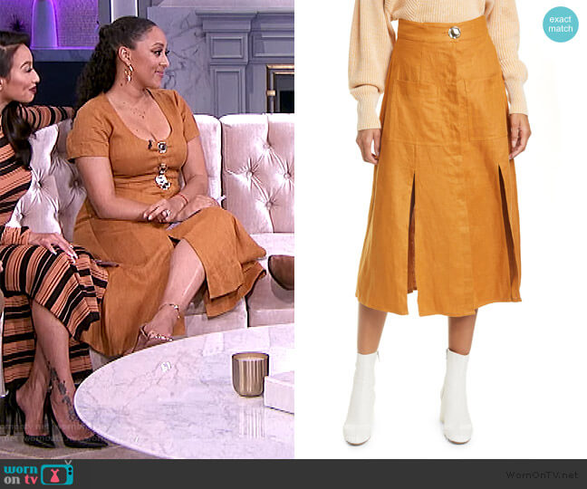 Masala linen midi skirt by Nicholas worn by Tamera Mowry on The Real