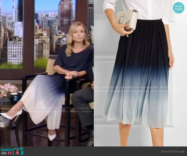 Ombré Silk-Chiffon Midi Skirt by Burberry worn by Kelly Ripa on Live with Kelly and Ryan