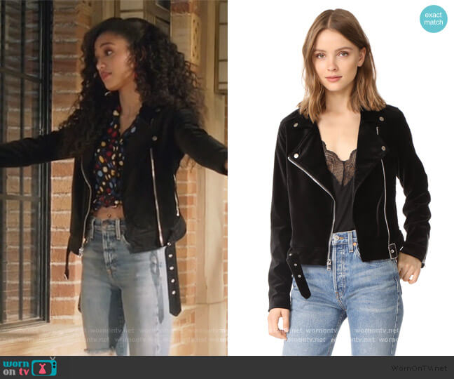 Shanna Velvet Moto Jacket by Paige worn by Olivia Baker (Samantha Logan) on All American