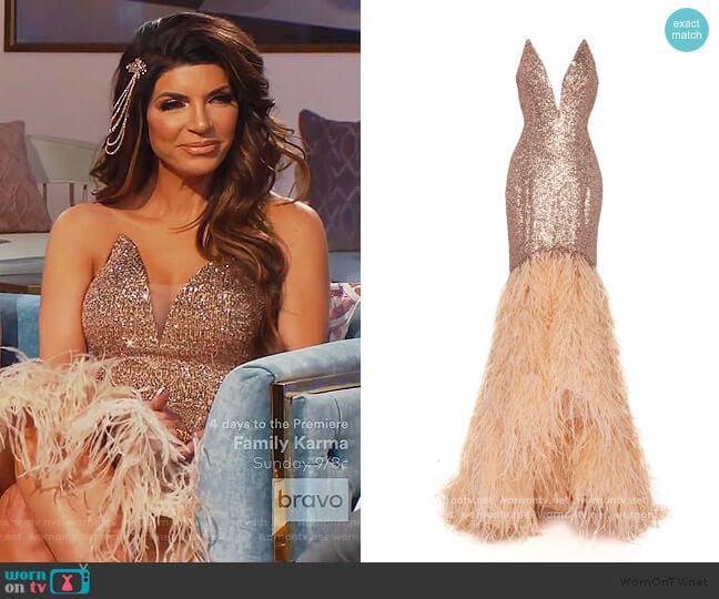 Feather-Trim Sequined Gown by Pamella Roland worn by Teresa Giudice on The Real Housewives of New Jersey