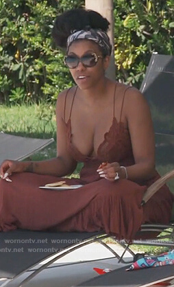 Porsha’s brown lace trim maxi dress on The Real Housewives of Atlanta