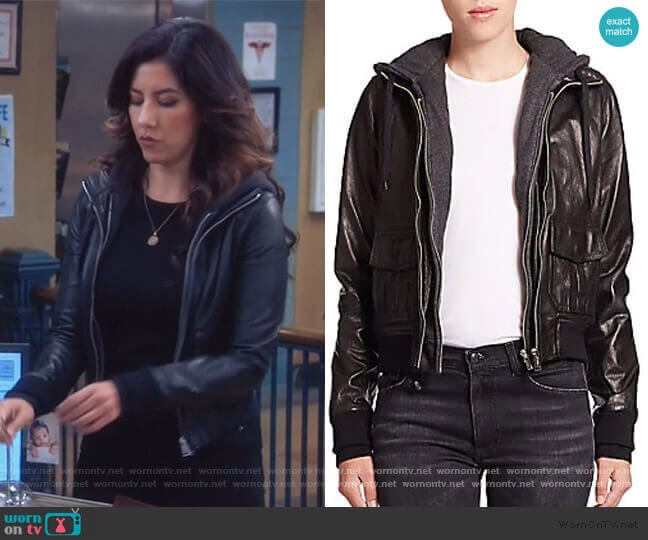 Layered Jersey-Hood Leather Bomber Jacket by R13 worn by Rosa Diaz (Stephanie Beatriz) on Brooklyn Nine-Nine