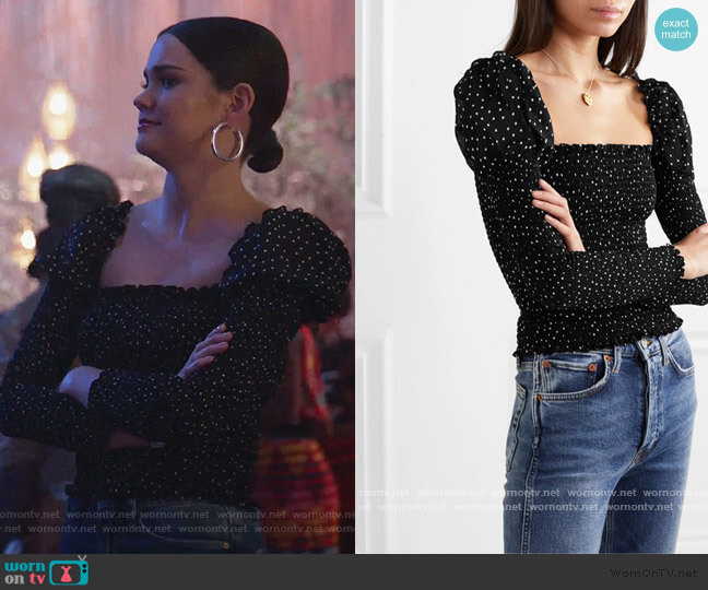 Elisabetta Cropped Smocked Polka-dot georgette Top by Reformation worn by Callie Foster (Maia Mitchell) on Good Trouble
