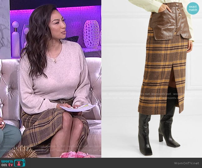 Maggie Checked Wool and Faux Leather Midi Skirt by Rejina Pyo worn by Jeannie Mai on The Real