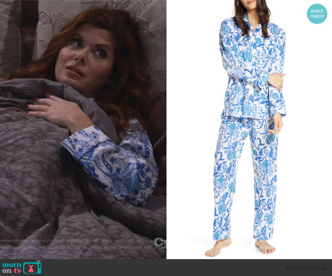 Grace’s white and blue printed pajamas on Will and Grace
