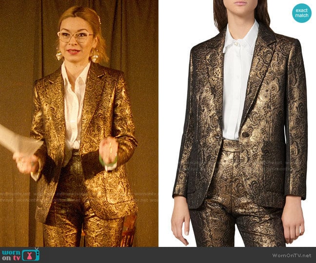 Sandro Floral Brocade Notch Lapel Blazer worn by Pepper Smith (Julia Chan) on Katy Keene