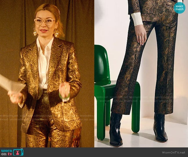 Sandro Goldy Brocade Cropped Pants worn by Pepper Smith (Julia Chan) on Katy Keene