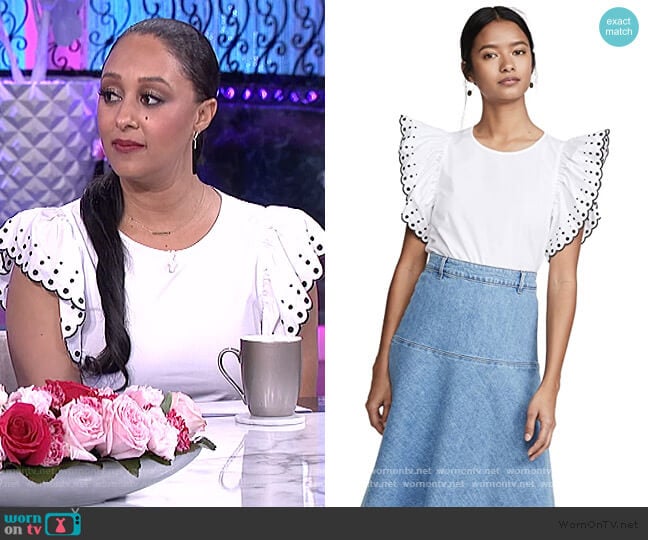 Ruffle Sleeve Embroidered Tee by See by Chloe worn by Tamera Mowry on The Real