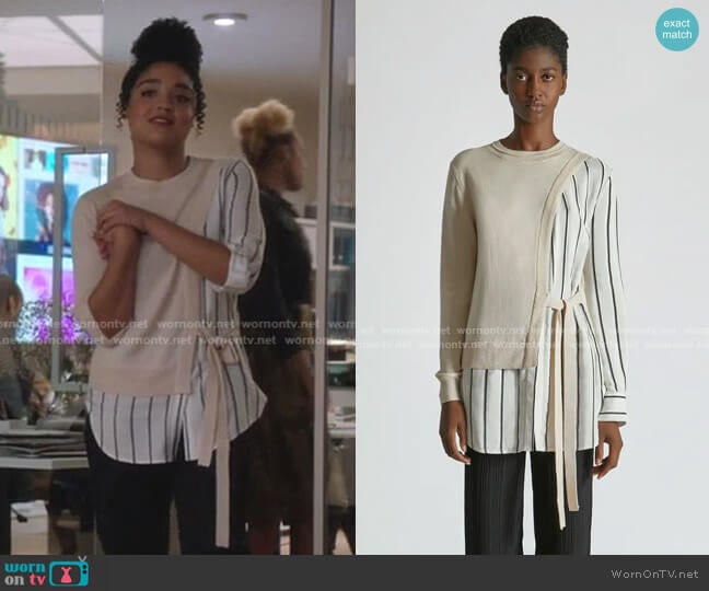 Silk Cashmere Striped Wrap Sweater by Yigal Azrouel worn by Kat Edison (Aisha Dee) on The Bold Type