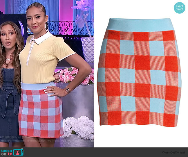 Sonoma Check Cotton Mini Skirt by Staud worn by Amanda Seales on The Real