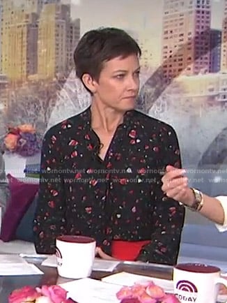 Stephanie’s black floral tie neck blouse on Today