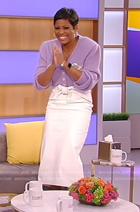 Tamron’s bow embellished cardigan on Tamron Hall Show