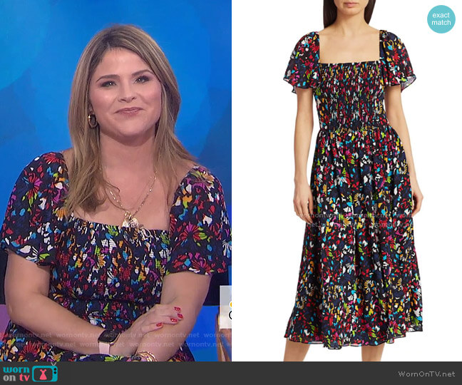 Glenda Smocked Silk Midi Dress by Tanya Taylor worn by Jenna Bush Hager on Today