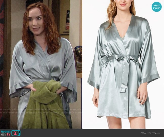 Thalia Sodi Satin Kimono Wrap in Green Dust worn by Mariah Copeland (Camryn Grimes) on The Young and the Restless