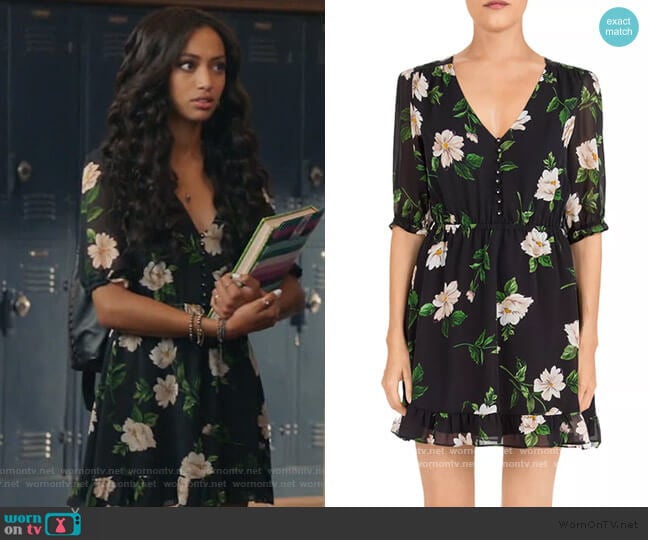 Floral-Print Silk Mini Dress by The Kooples worn by Olivia Baker (Samantha Logan) on All American