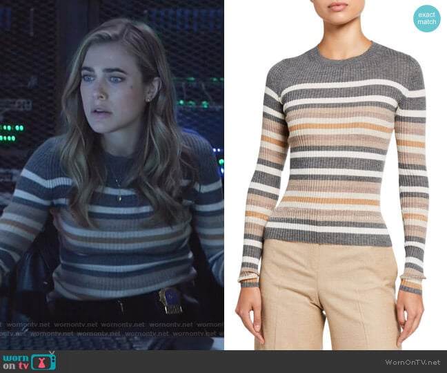 Regal Cashmere Striped Crewneck Sweater by Theory worn by Michaela Stone (Melissa Roxburgh) on Manifest