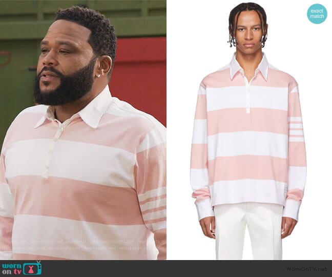 Pink and White Oversized Long Sleeve Polo by Thom Browne worn by Andre Johnson (Anthony Anderson) on Black-ish